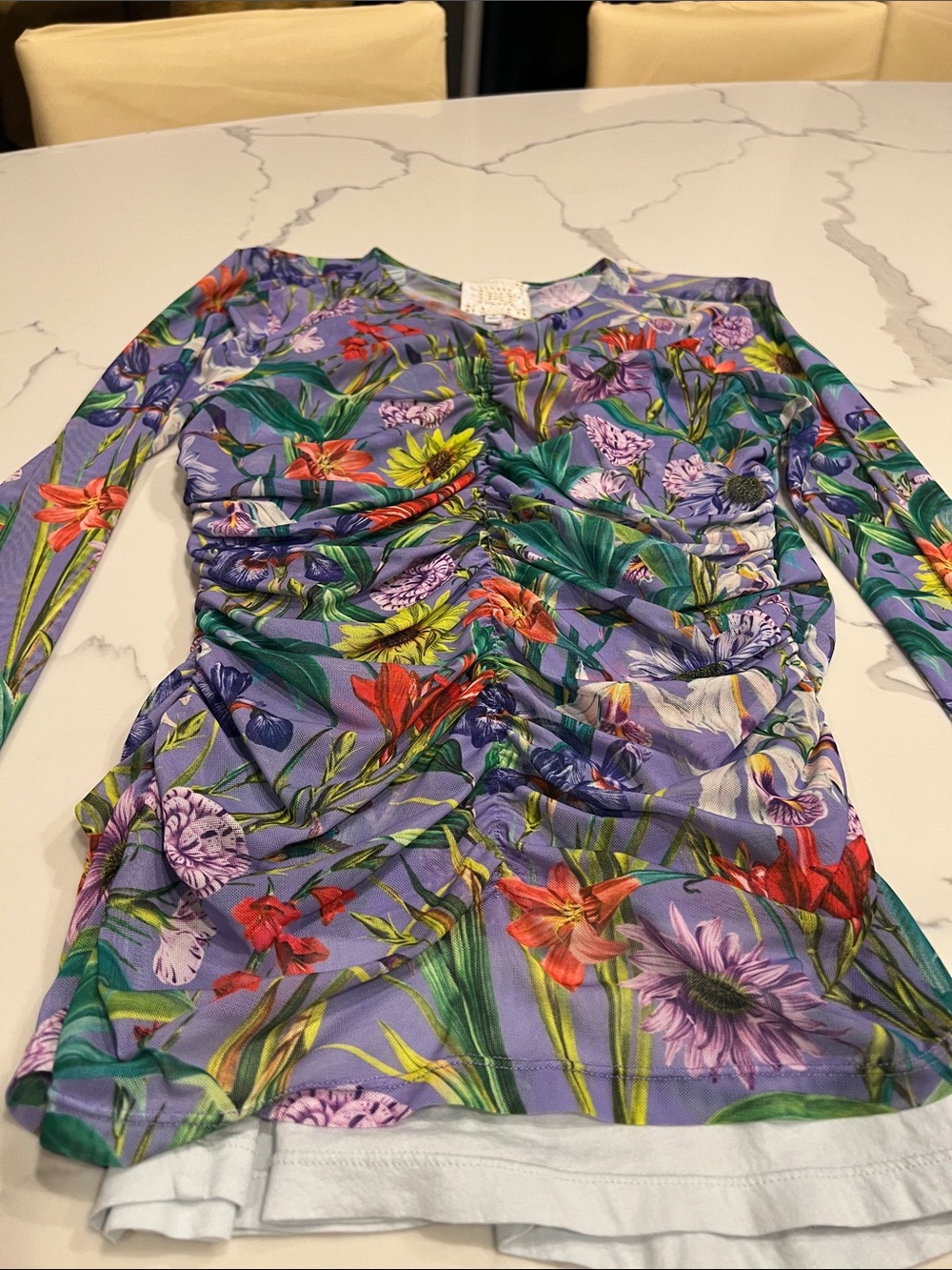 Johnny Was Purple Floral Ruched Long Sleeve Top with Multicolor Blooms